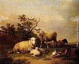 Eugene Verboeckhoven Sheep With Resting Lambs And Poultry In A Landscape painting